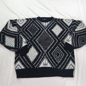 Vintage Geometric Sweater with Leather Details Large
